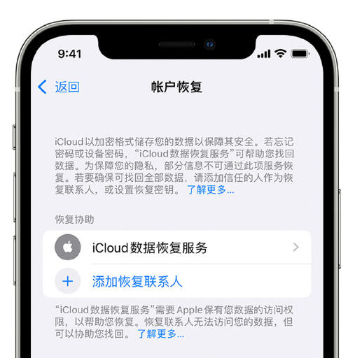 吉阳镇苹果手机维修分享在 iPhone 上设置帐户恢复联系人的方法 