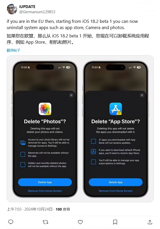 吉阳镇苹果手机维修分享iOS 18.2 支持删除 App Store 应用商店 