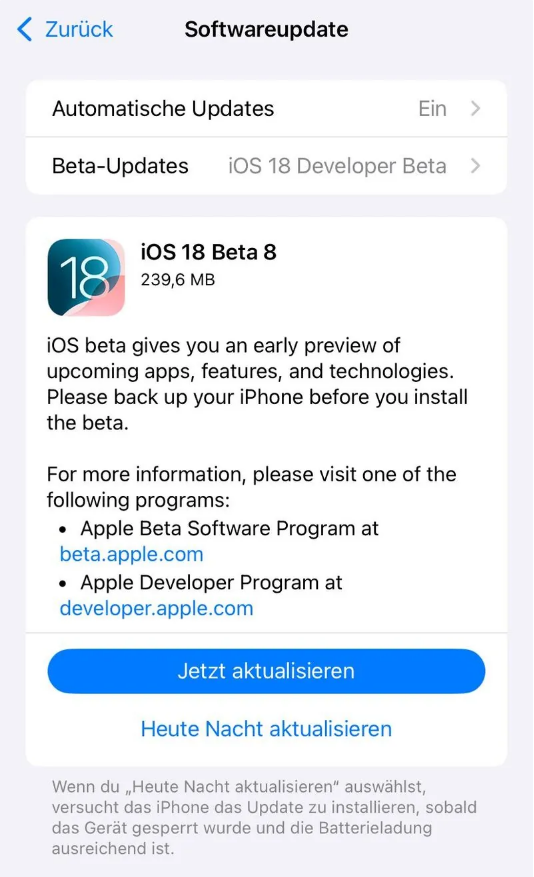 吉阳镇苹果手机维修分享苹果 iOS / iPadOS 18 开发者预览版 Beta 8 发布 